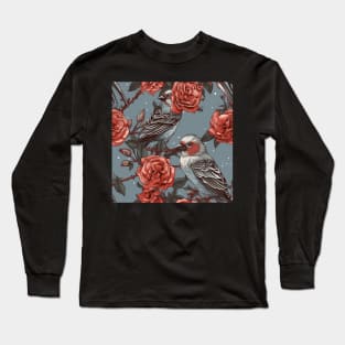 Pine Grosbeak And Roses Long Sleeve T-Shirt